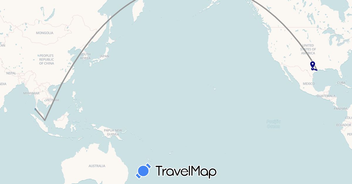TravelMap itinerary: driving, plane, boat in Hong Kong, Singapore, Thailand, United States (Asia, North America)